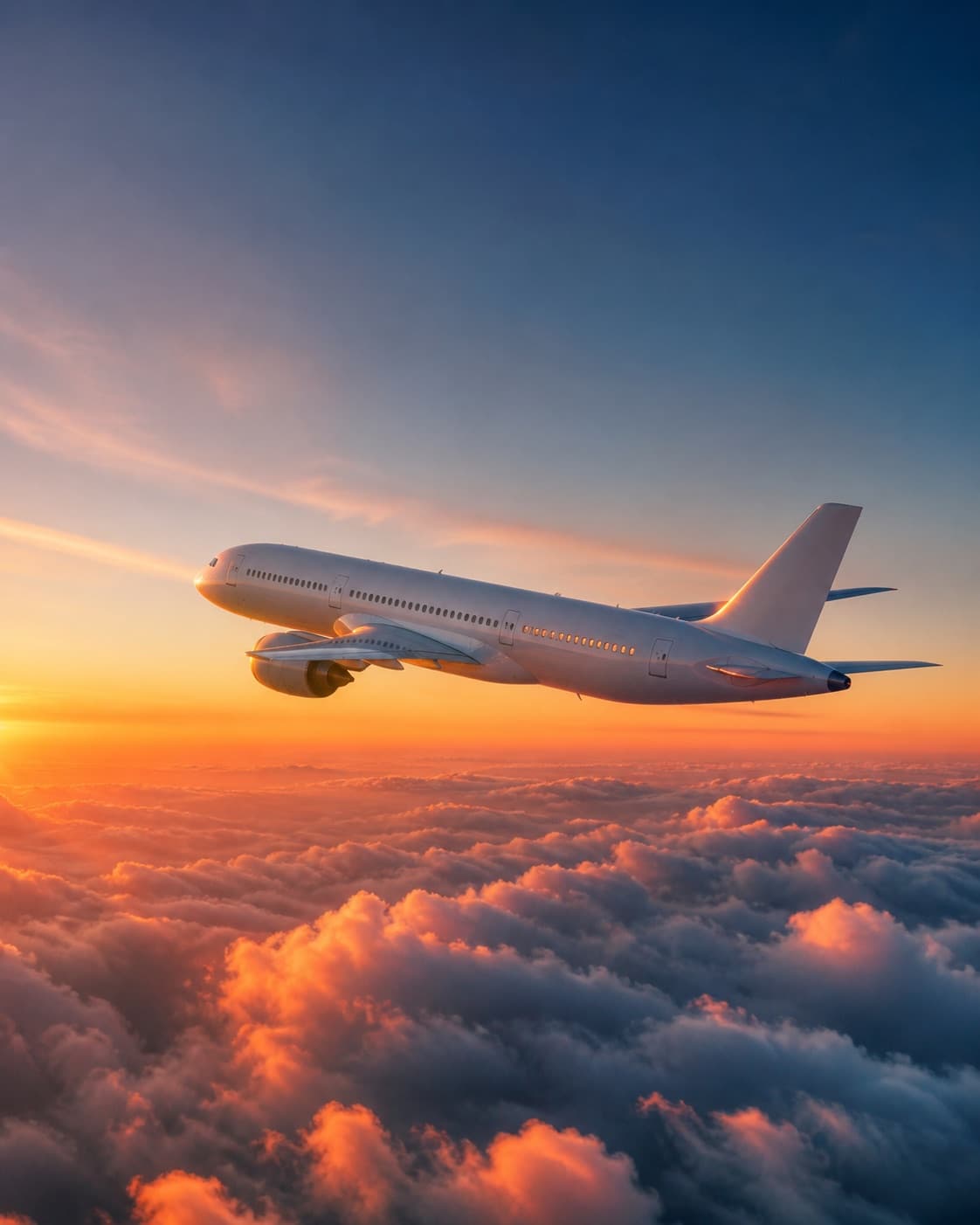 Flugzeug über den Wolken bei Sonnenaufgang